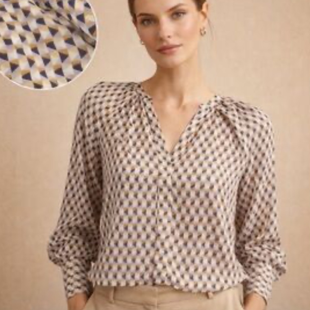 Worthington Cream and Blue Geo-Print Balloon Sleeve Blouse Size PM